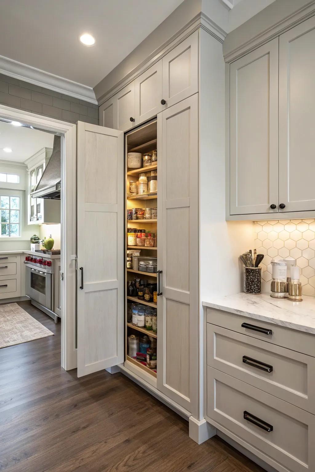 A hidden pantry cleverly concealed behind matching cabinet doors.