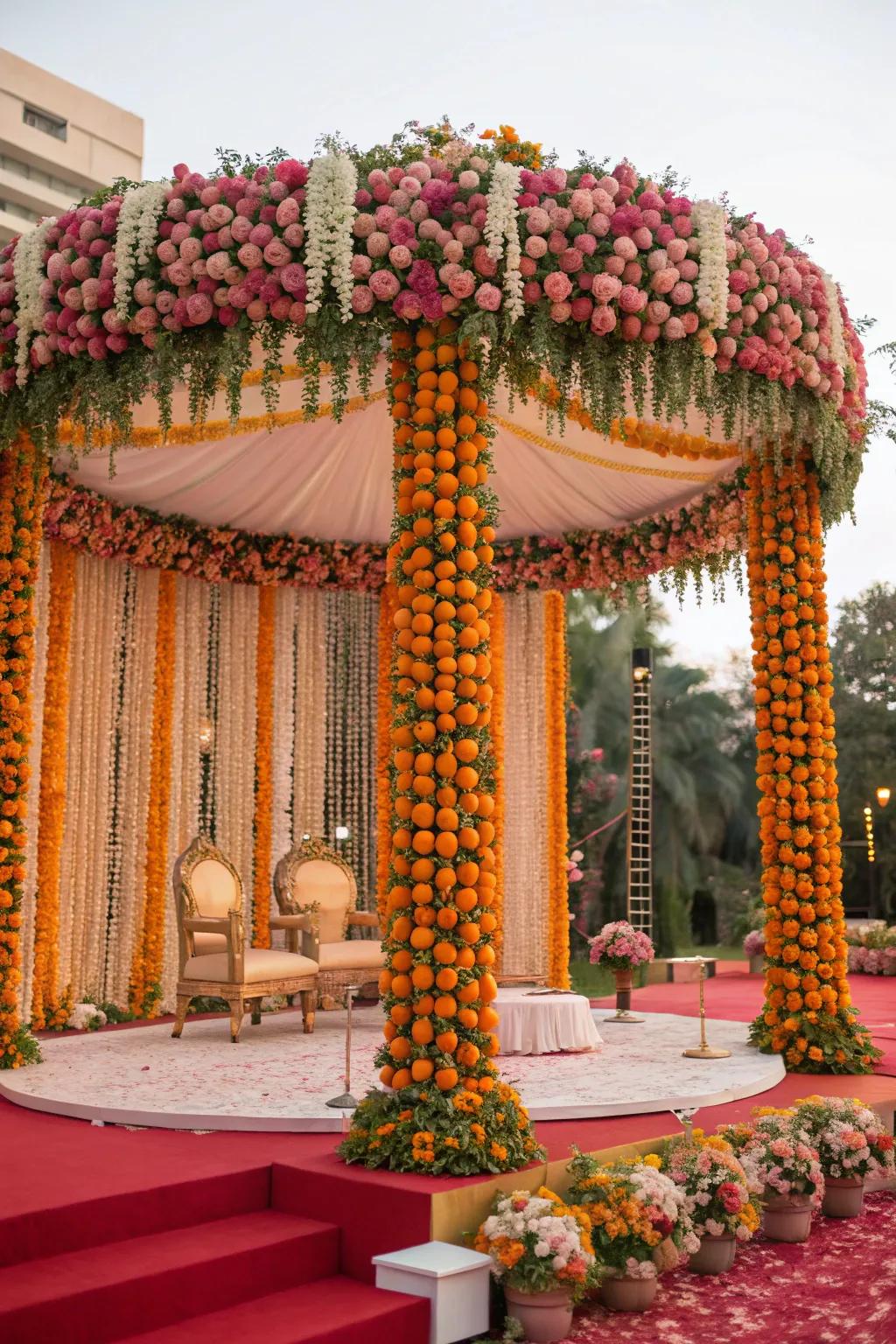 A mandap decorated with a rich display of roses and marigolds.