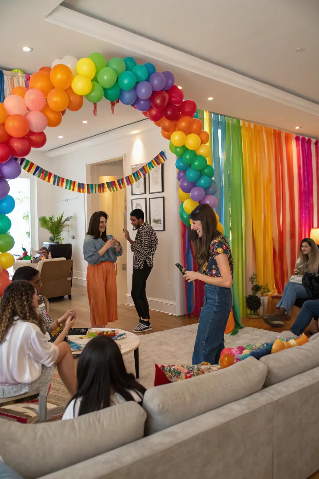 A lively indoor party with a colorful backdrop and balloon arch.