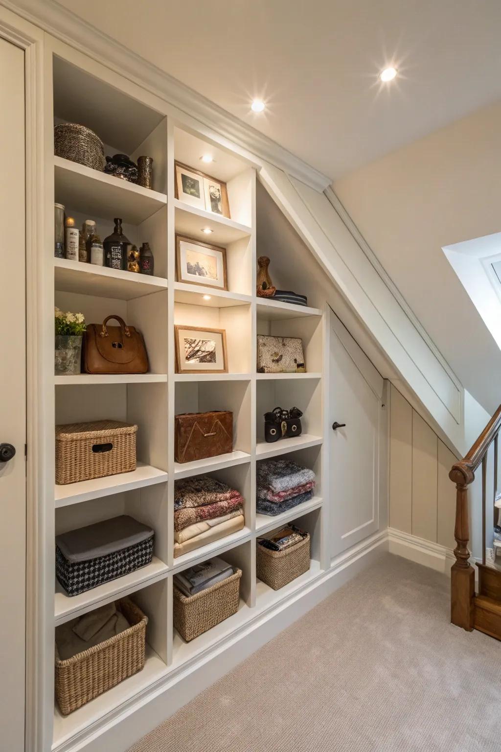 Custom shelving perfectly fitted into an angled closet wall.