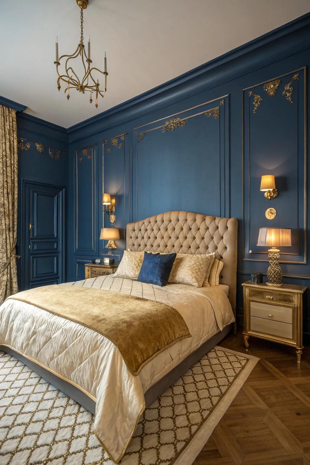 Sapphire blue walls create a calming and luxurious atmosphere.