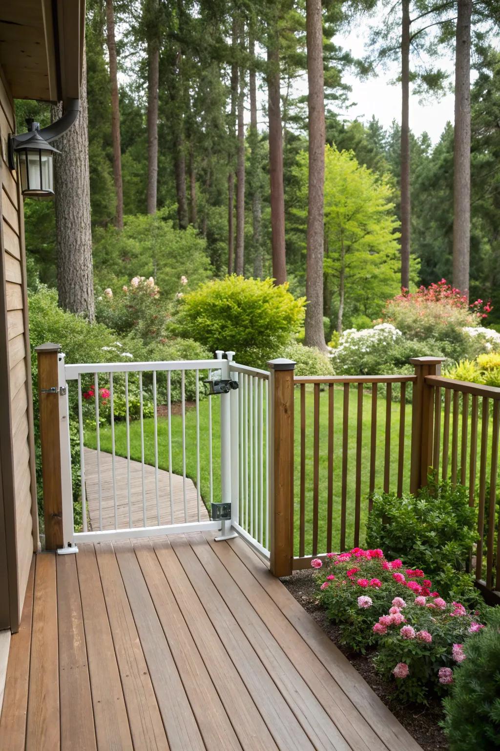 A wooden deck equipped with a childproof gate, surrounded by lush greenery.