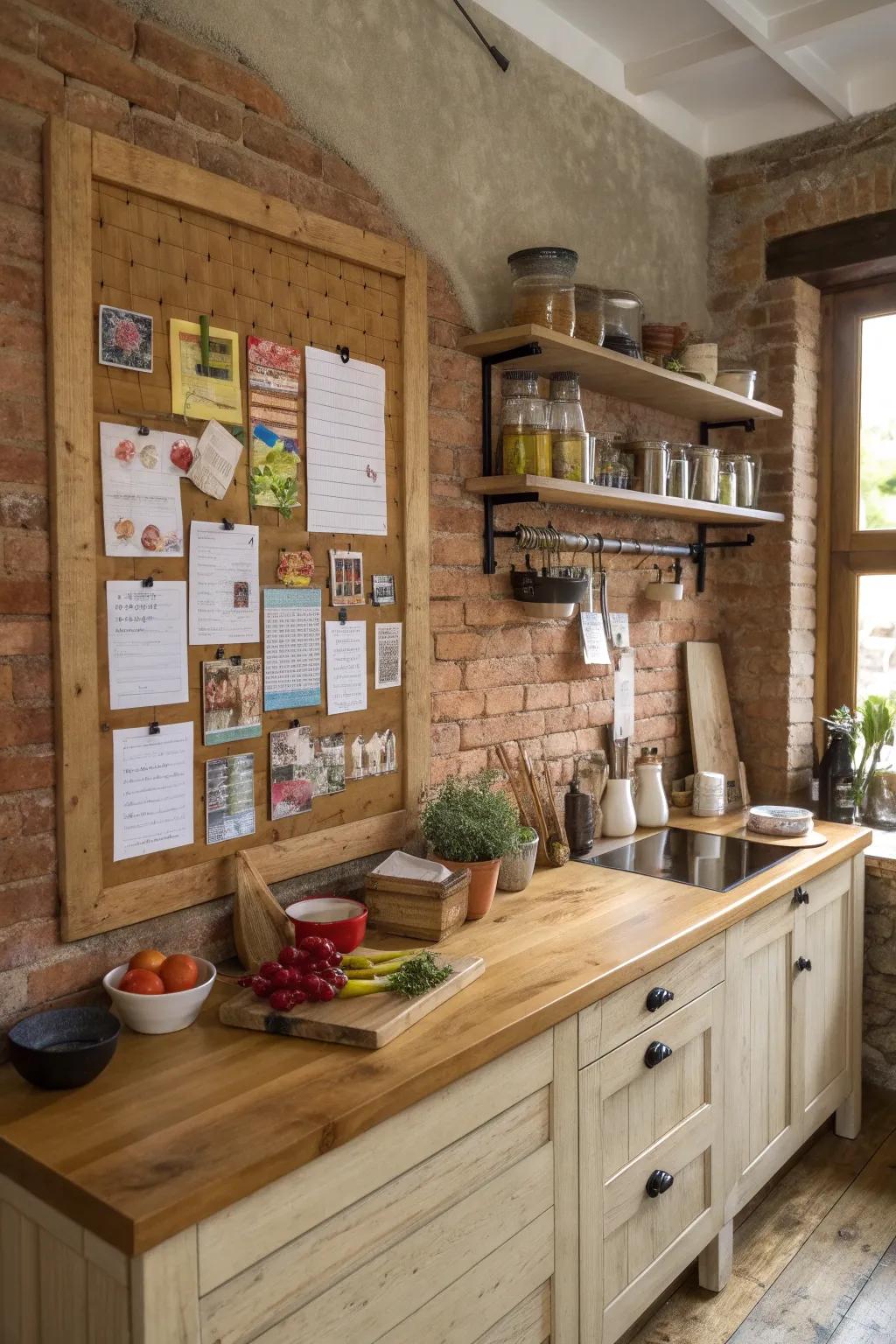 Rustic charm meets functionality with a wood-framed corkboard.