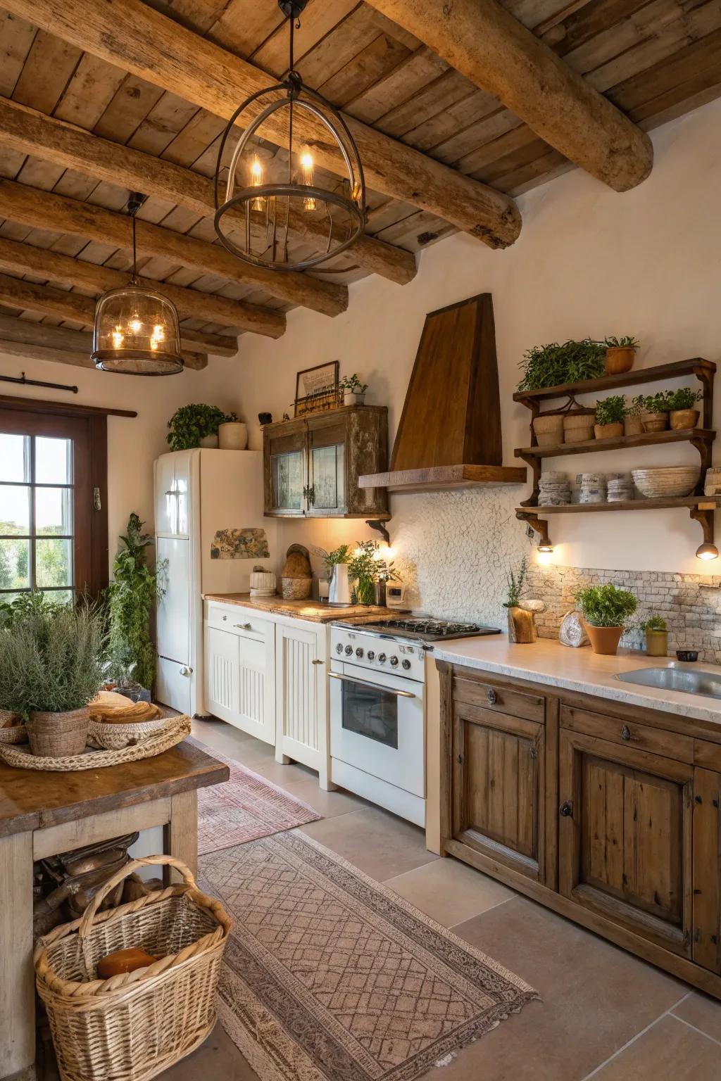 Celebrate the rustic aesthetic by incorporating visible wooden beams in your kitchen design.
