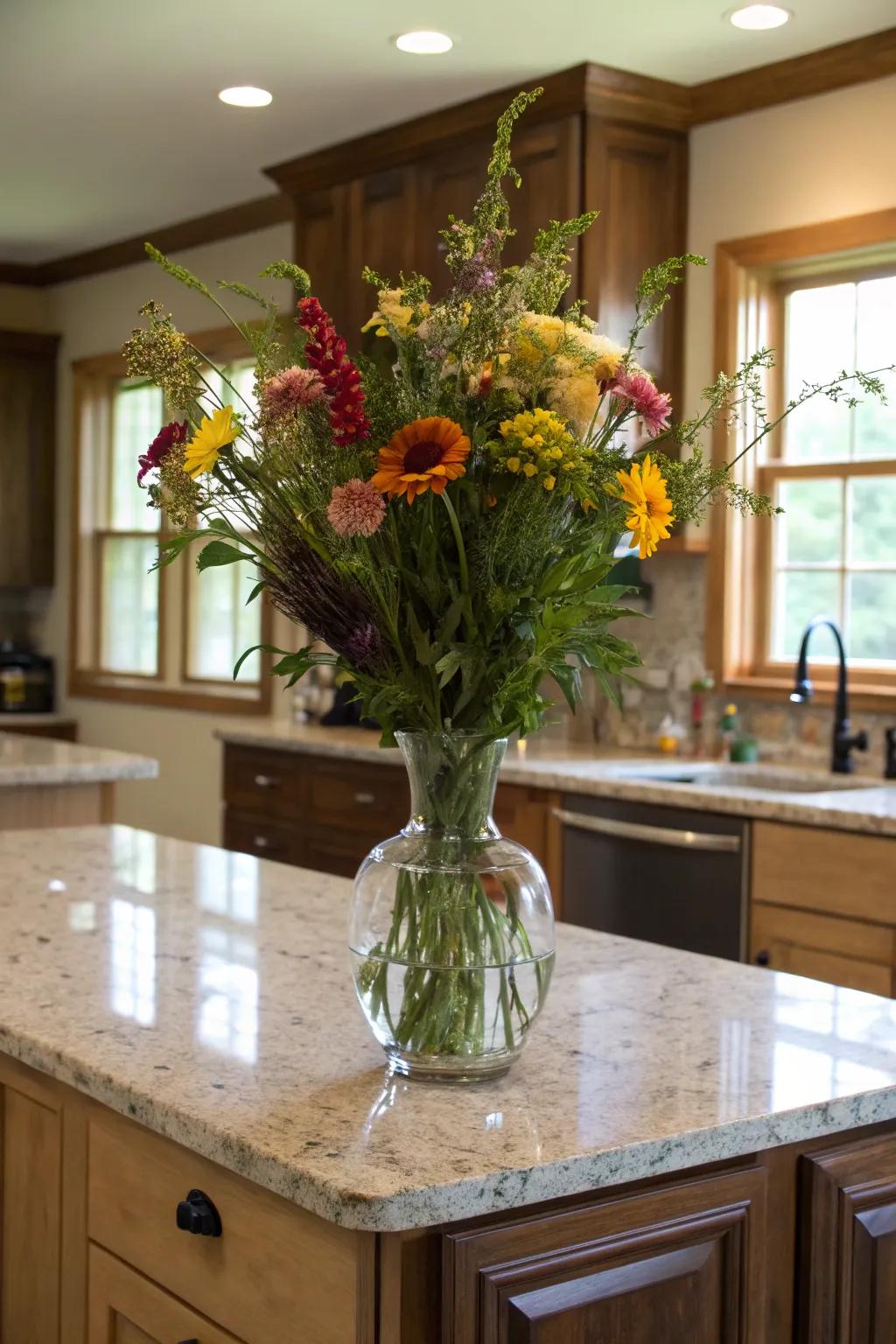 A centerpiece of vibrant flowers infuses the kitchen with life and vibrancy.