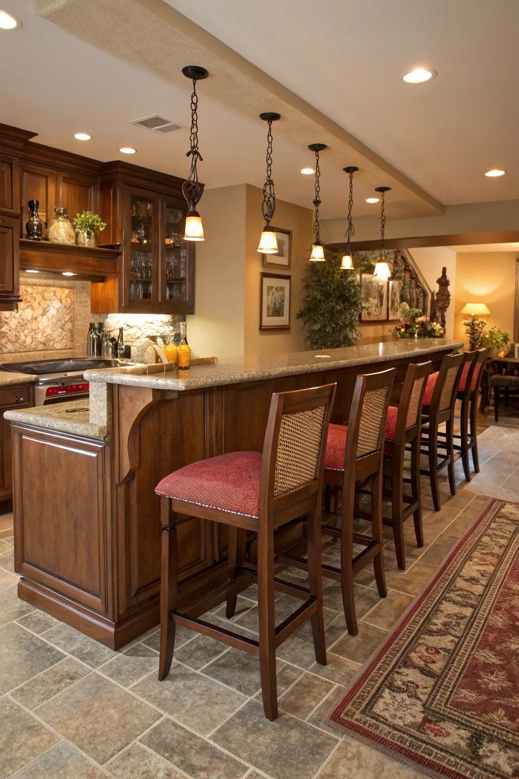 A kitchen peninsula with integrated seating for a cozy vibe.