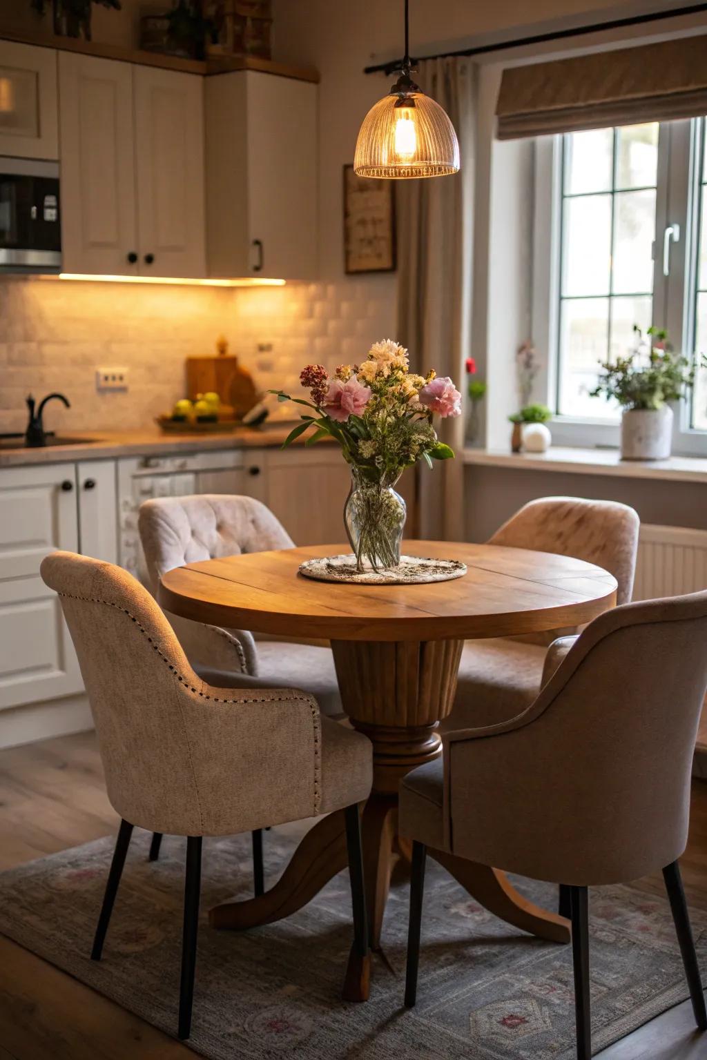 A round table creates a cozy nook perfect for conversation.