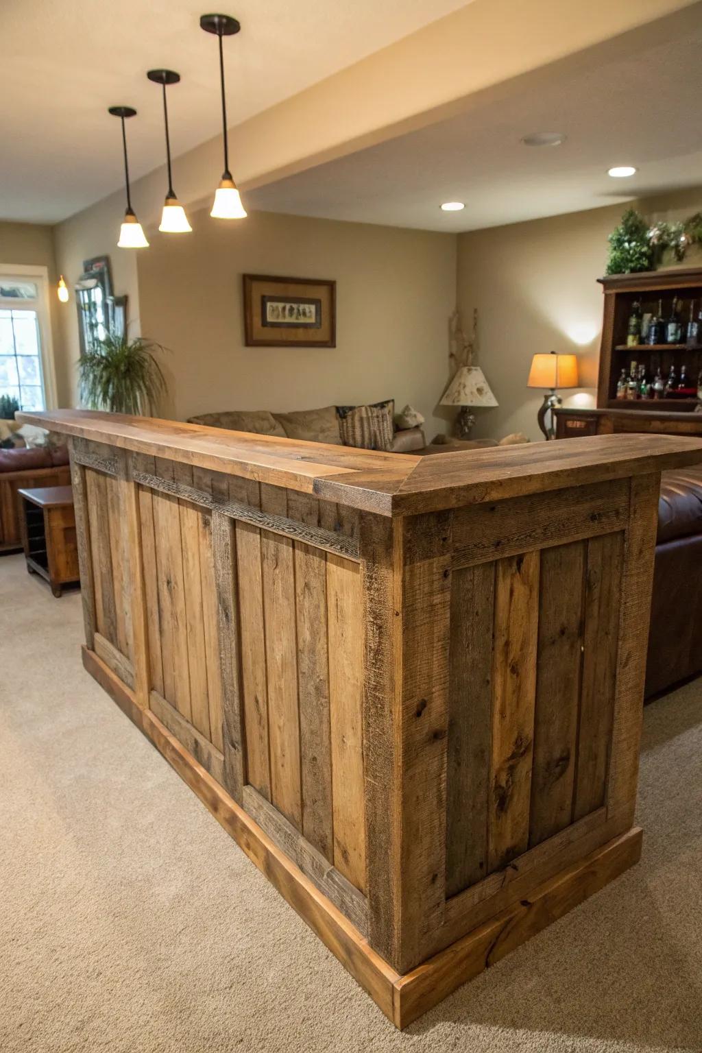 Reclaimed wood brings rustic charm to this L-shaped bar.