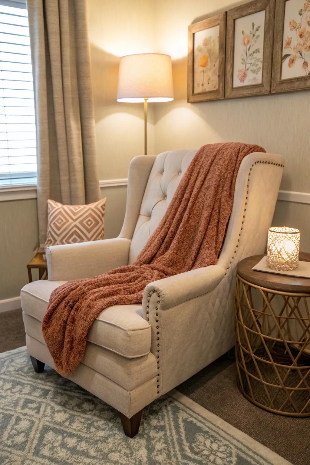 A plush armchair with a throw blanket offers comfort and warmth.