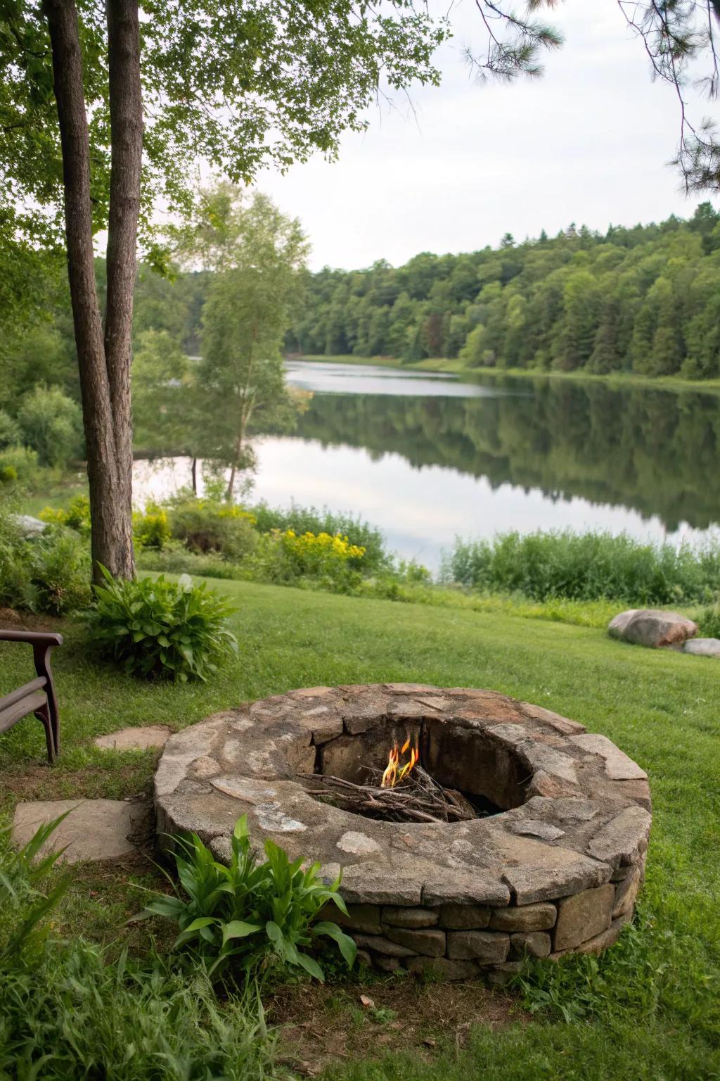 A rustic stone circle fire pit perfectly complements the natural beauty of the lake.