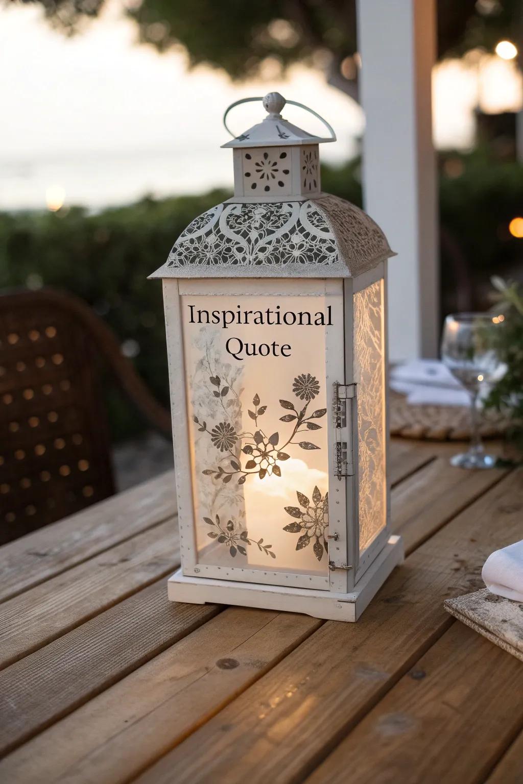 A personalized lantern featuring an engraved message.