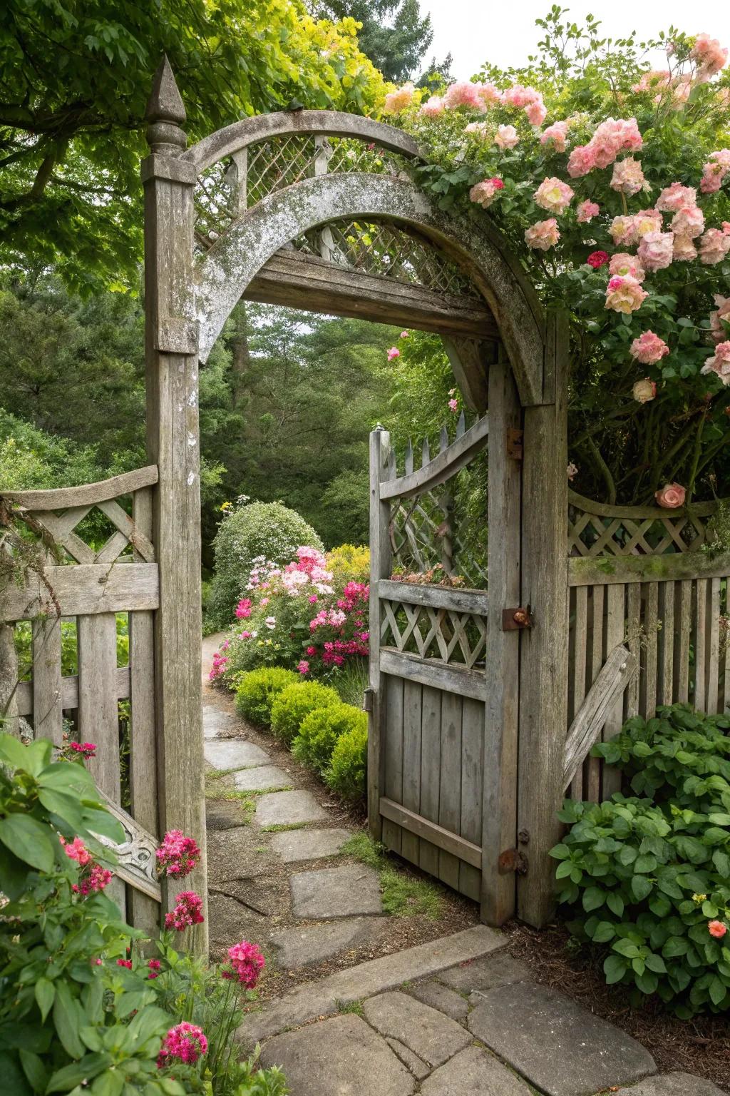 A traditional timber arched entrance provides an enchanting gateway to any garden space.