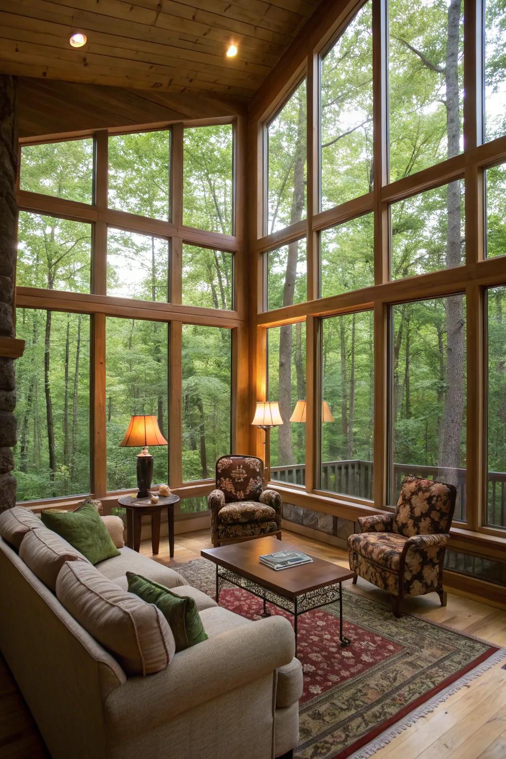 A living room with a full wall of windows that seamlessly blend indoor and outdoor spaces.