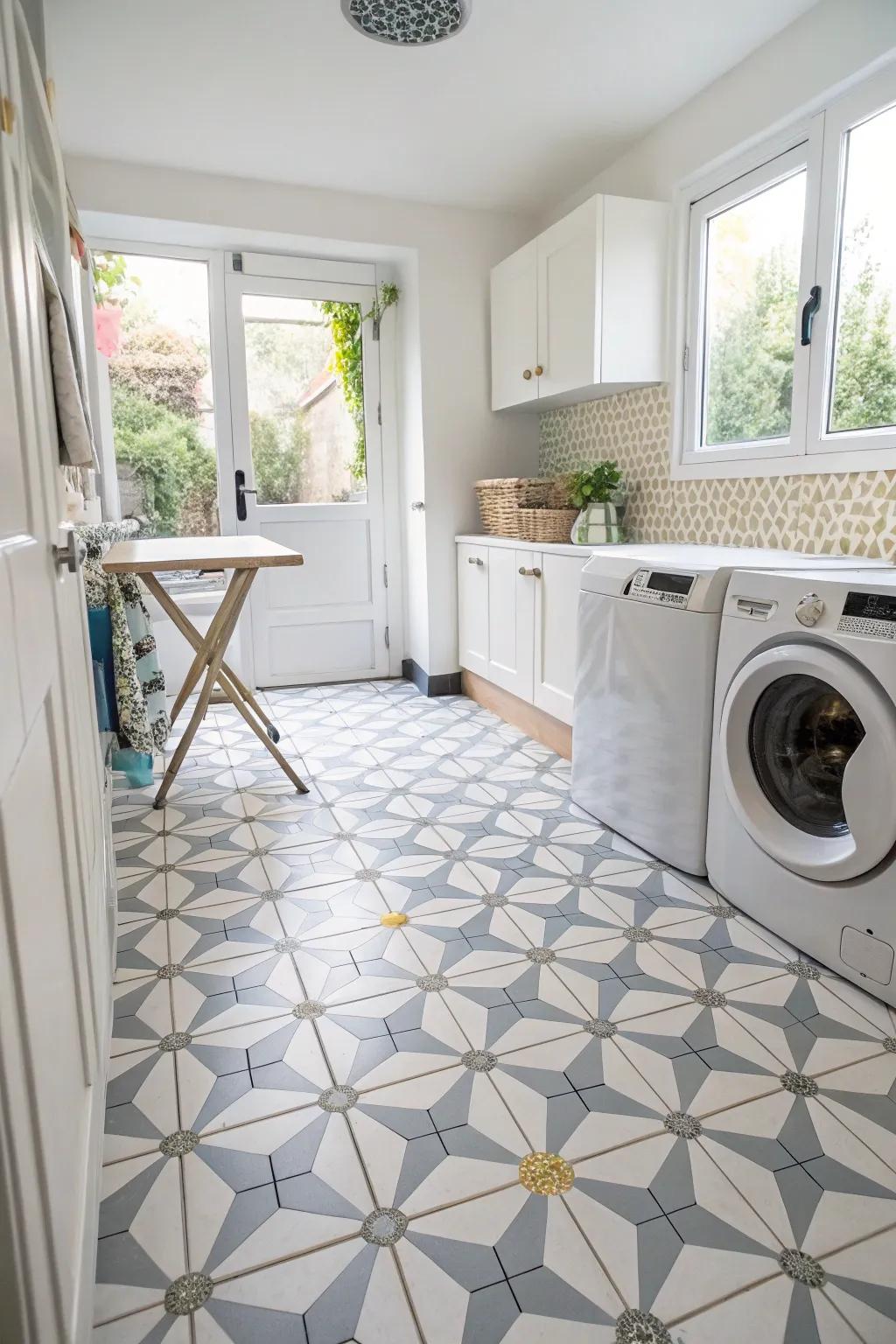 Geometric patterned tiles bring vibrancy to this laundry room.