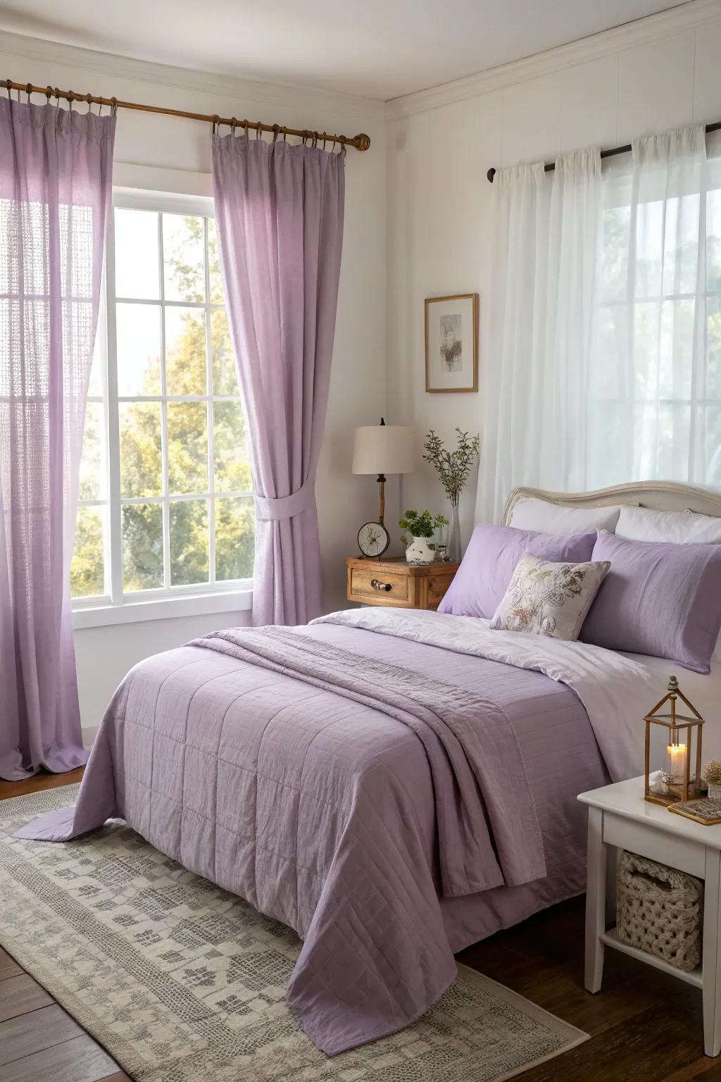 A snug bedroom showcasing lavender-toned bedding and window coverings, bathed in the soft glow of dawn.