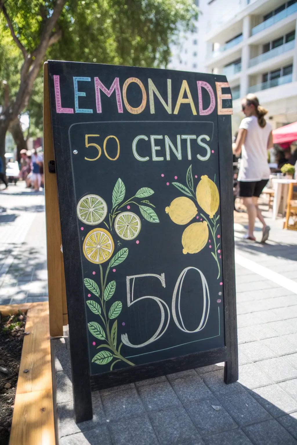 A chalkboard sign adds a rustic touch to your lemonade stand.