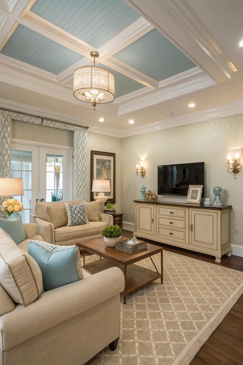 A breezy living area featuring a sky-blue ceiling and understated décor.