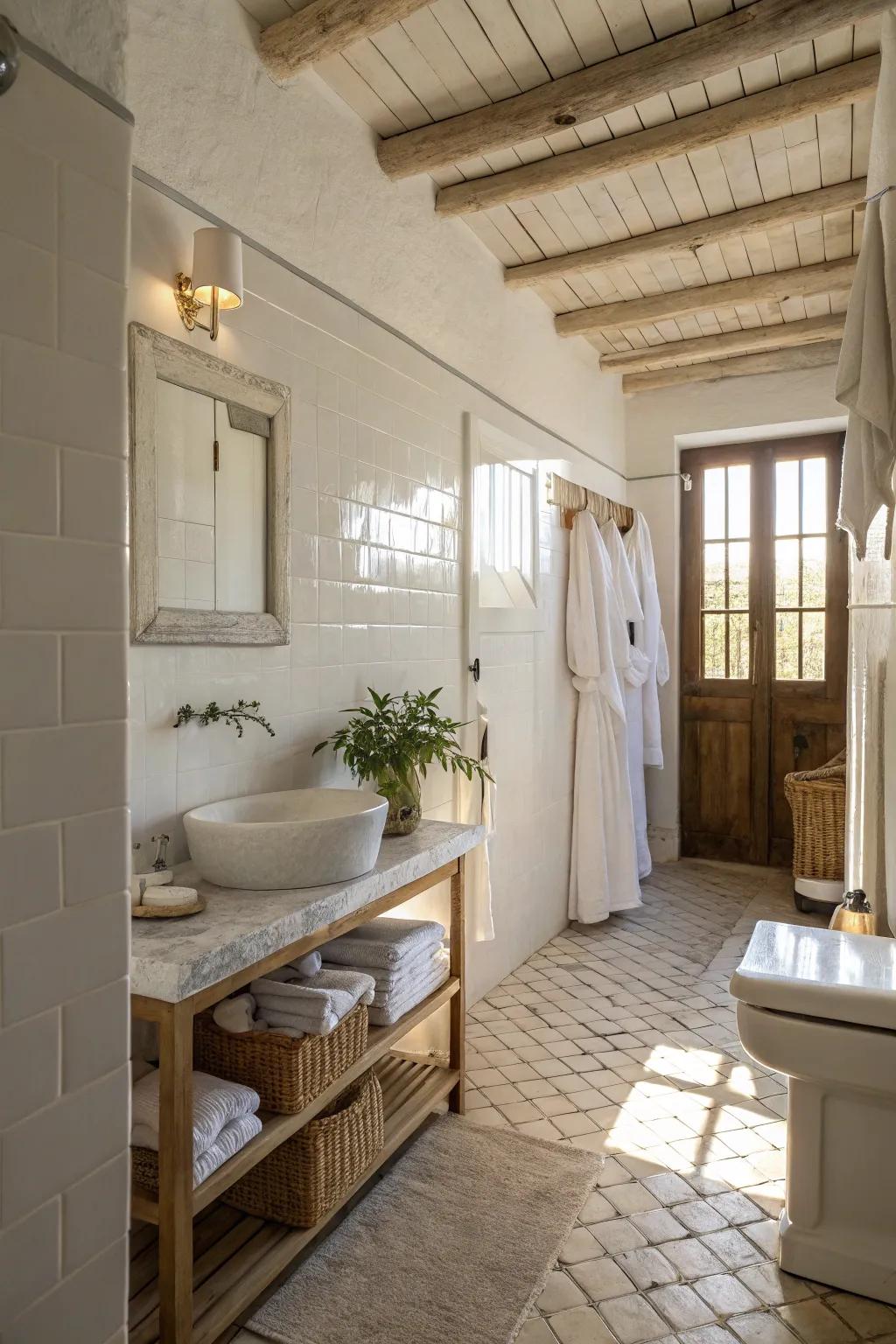 Using various white shades in a bathroom creates an open, serene ambiance.