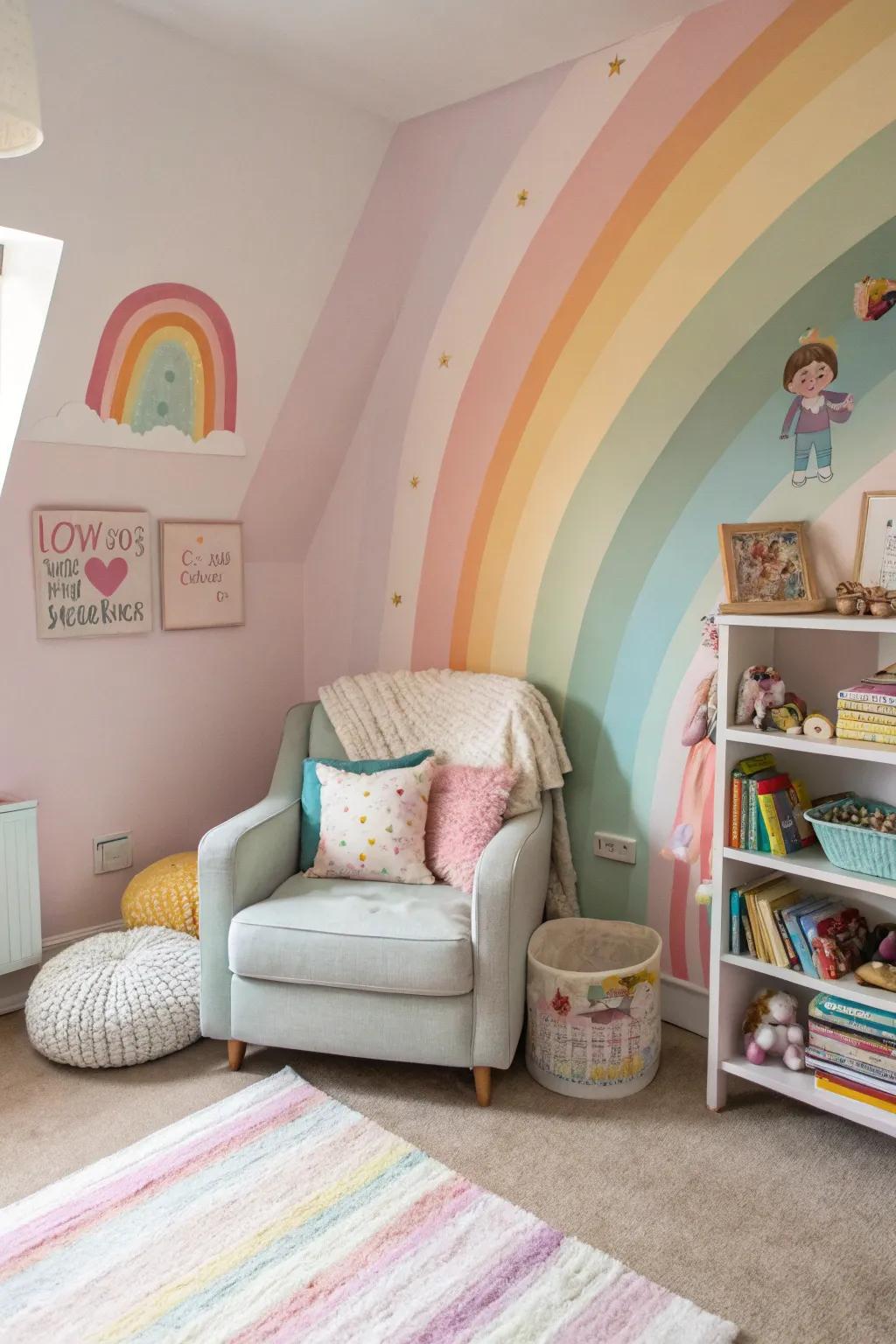 A pastel rainbow wall that infuses a girl's room with magic.
