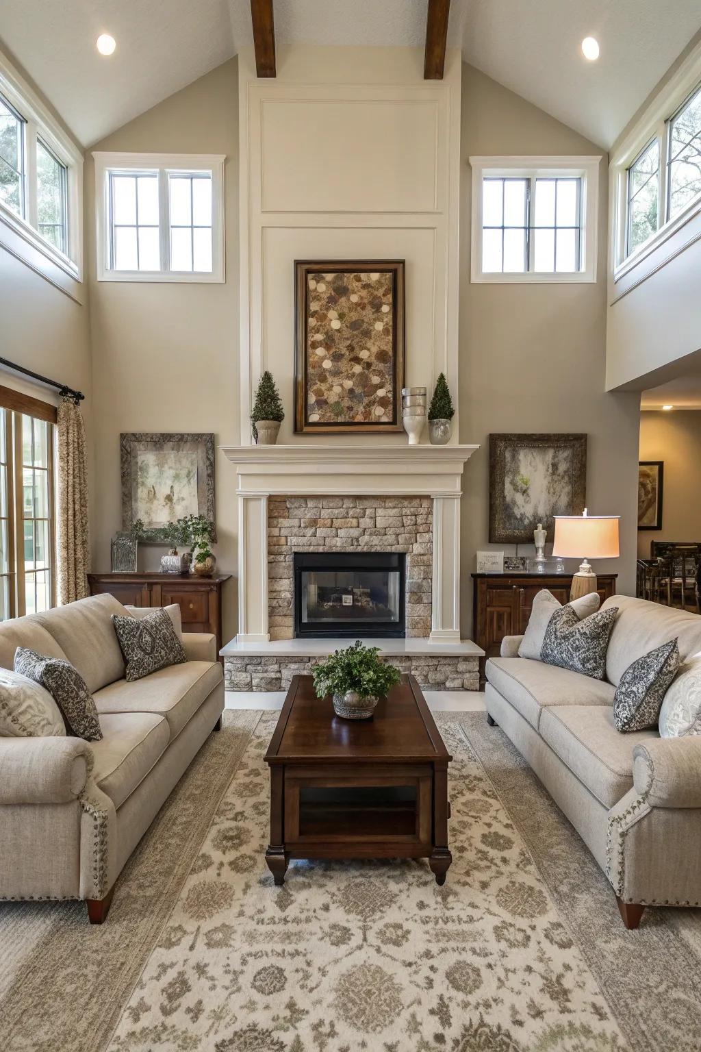 A symmetrical living room layout emphasizing harmony and balance.