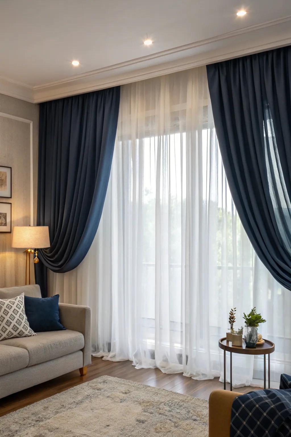 Layered curtains offer flexibility and style.