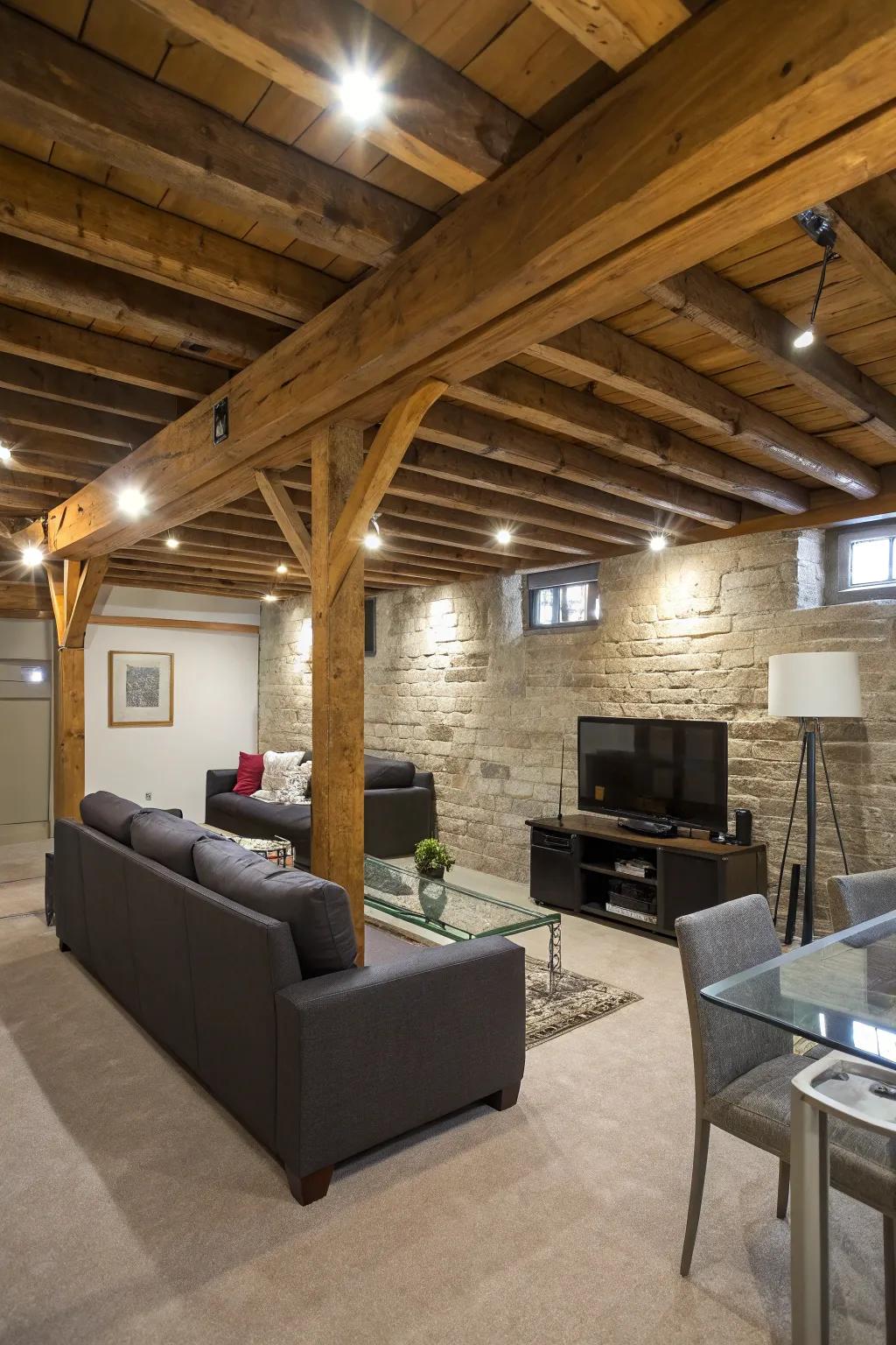 Exposed beams add height and character to a low-ceiling basement.