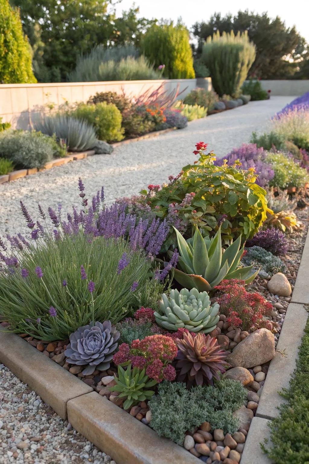 A vibrant mix of drought-tolerant plants that flourish in the sun.