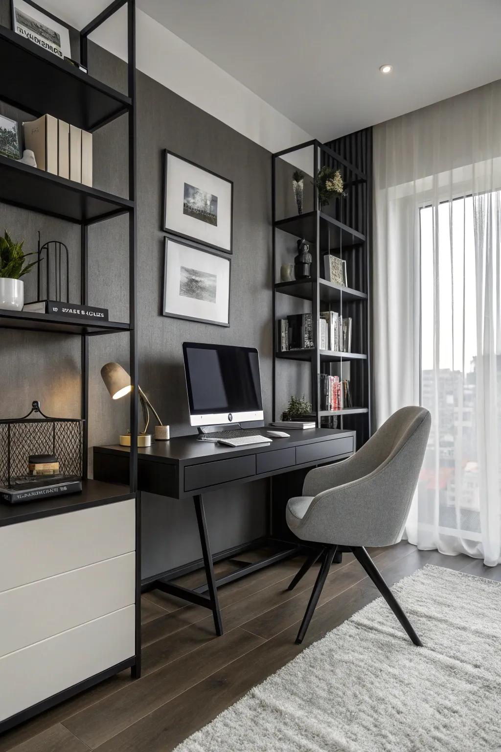 A minimalist modern home office with a monochrome color palette.