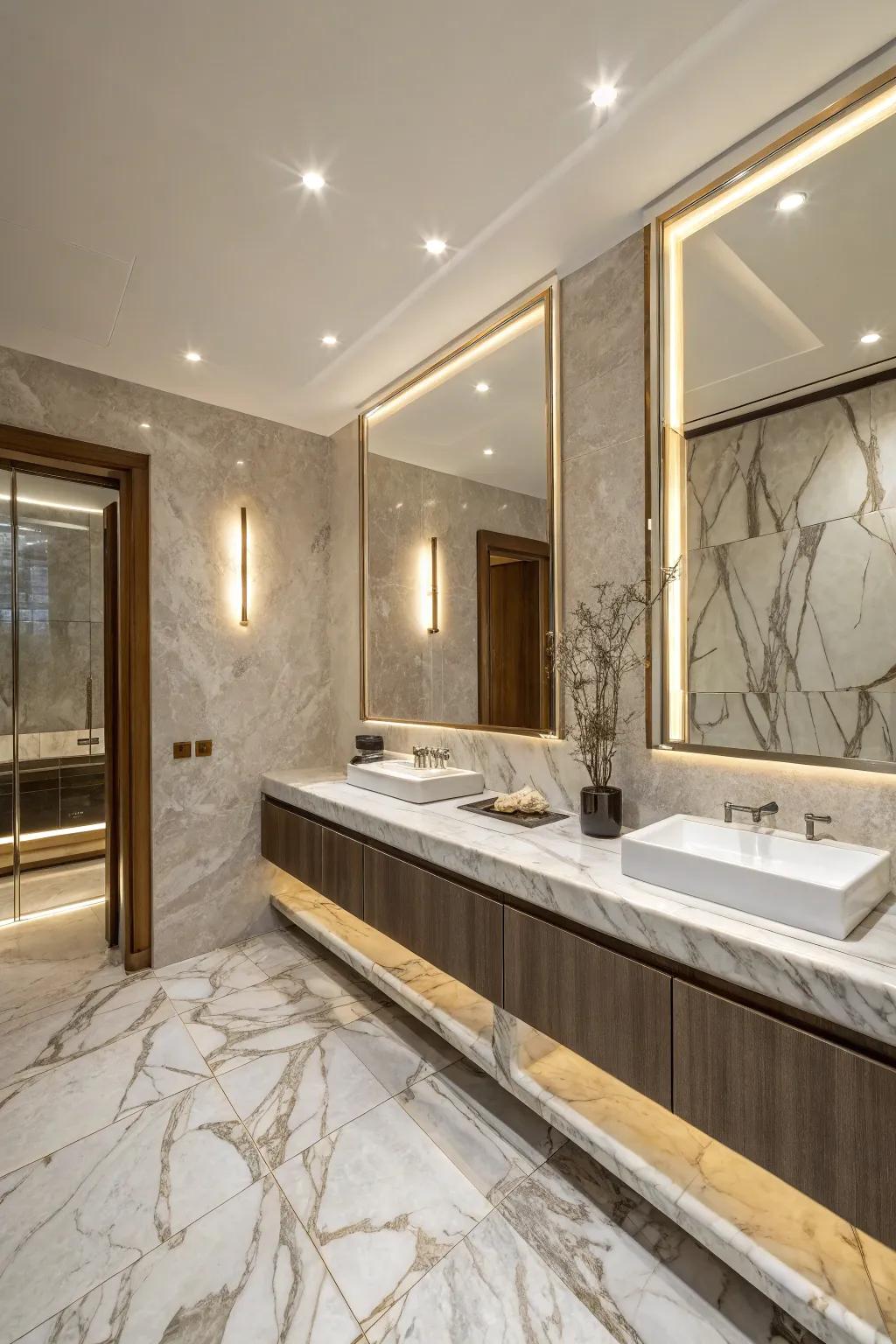 Marble countertops and flooring add timeless sophistication to this powder room.