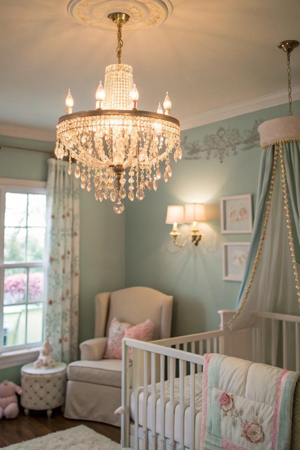 A baby's room brightened by a gorgeous fancy light, bringing a sense of luxury.