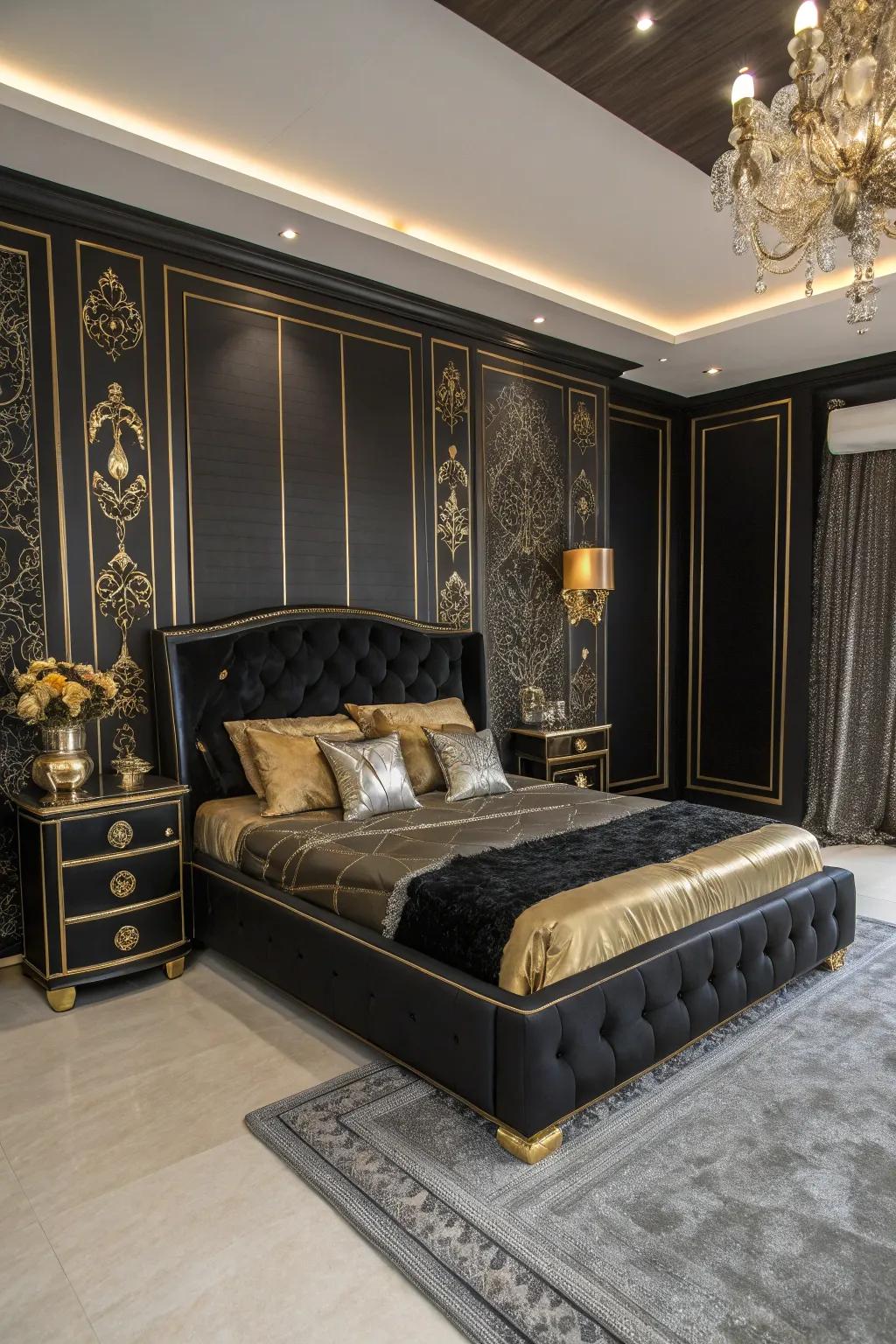 A sophisticated black bedroom enhanced with gold and silver accents for an elegant ambiance.