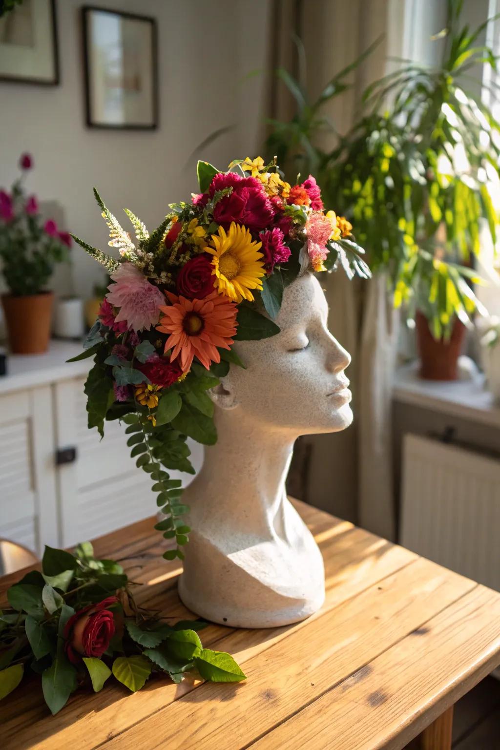 Floral arrangements upon mannequin heads inject nature's essence into any setting.