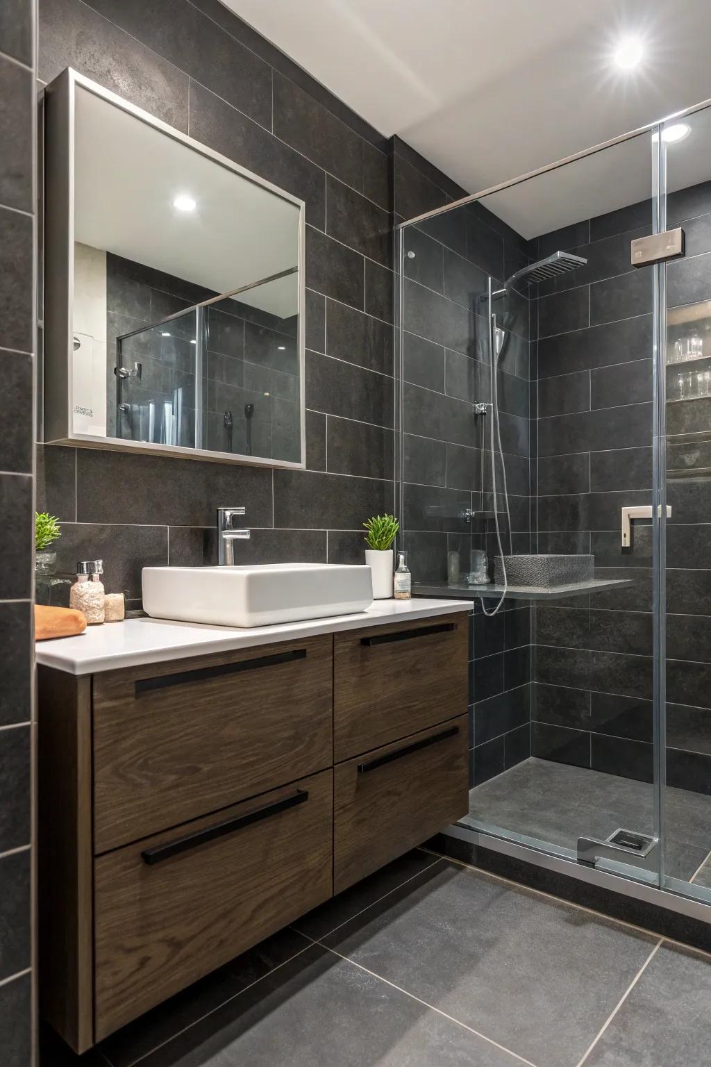 A bathroom showcasing dark elegance with charcoal tiles.