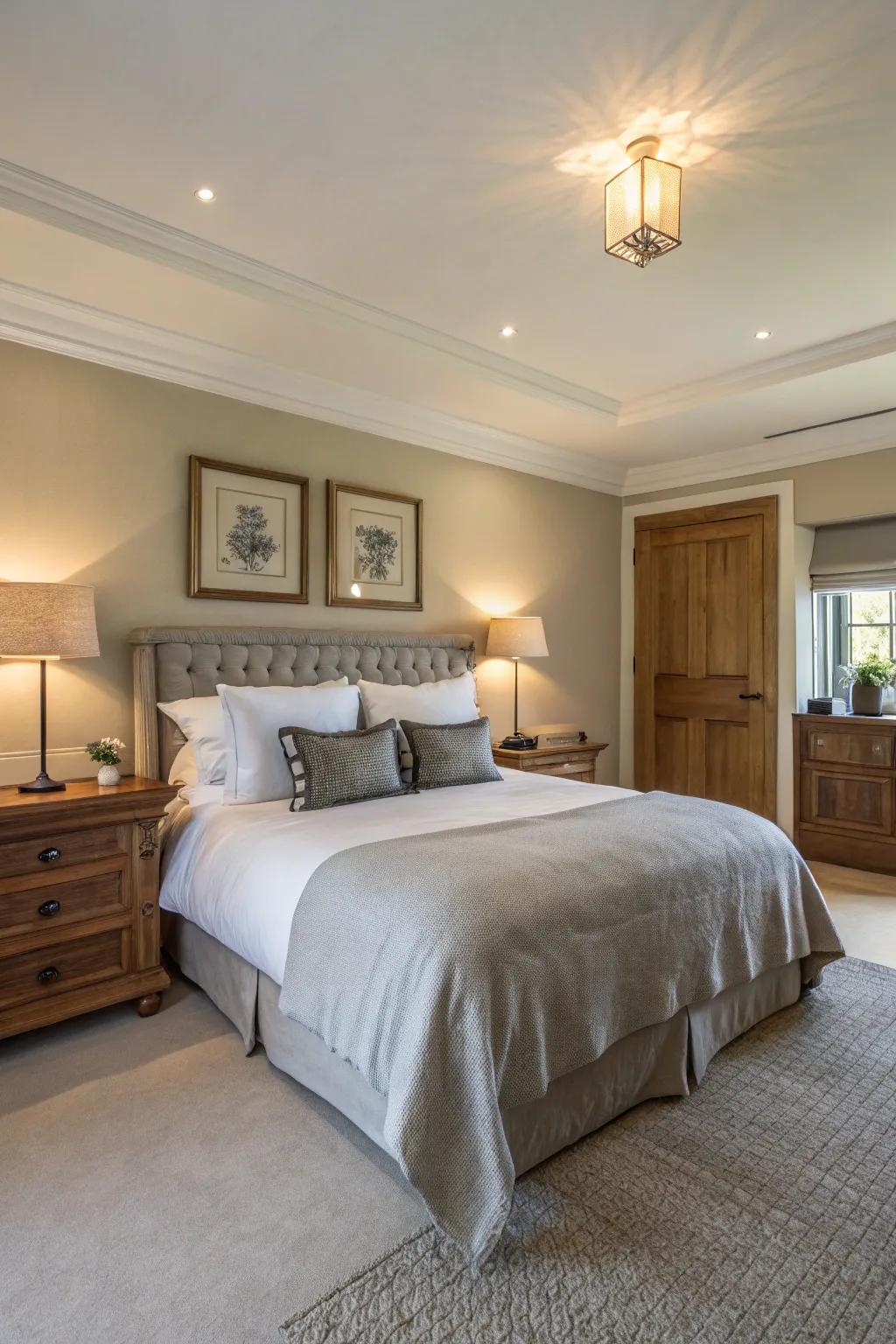 A master bedroom design highlighting a soothing neutral color scheme.