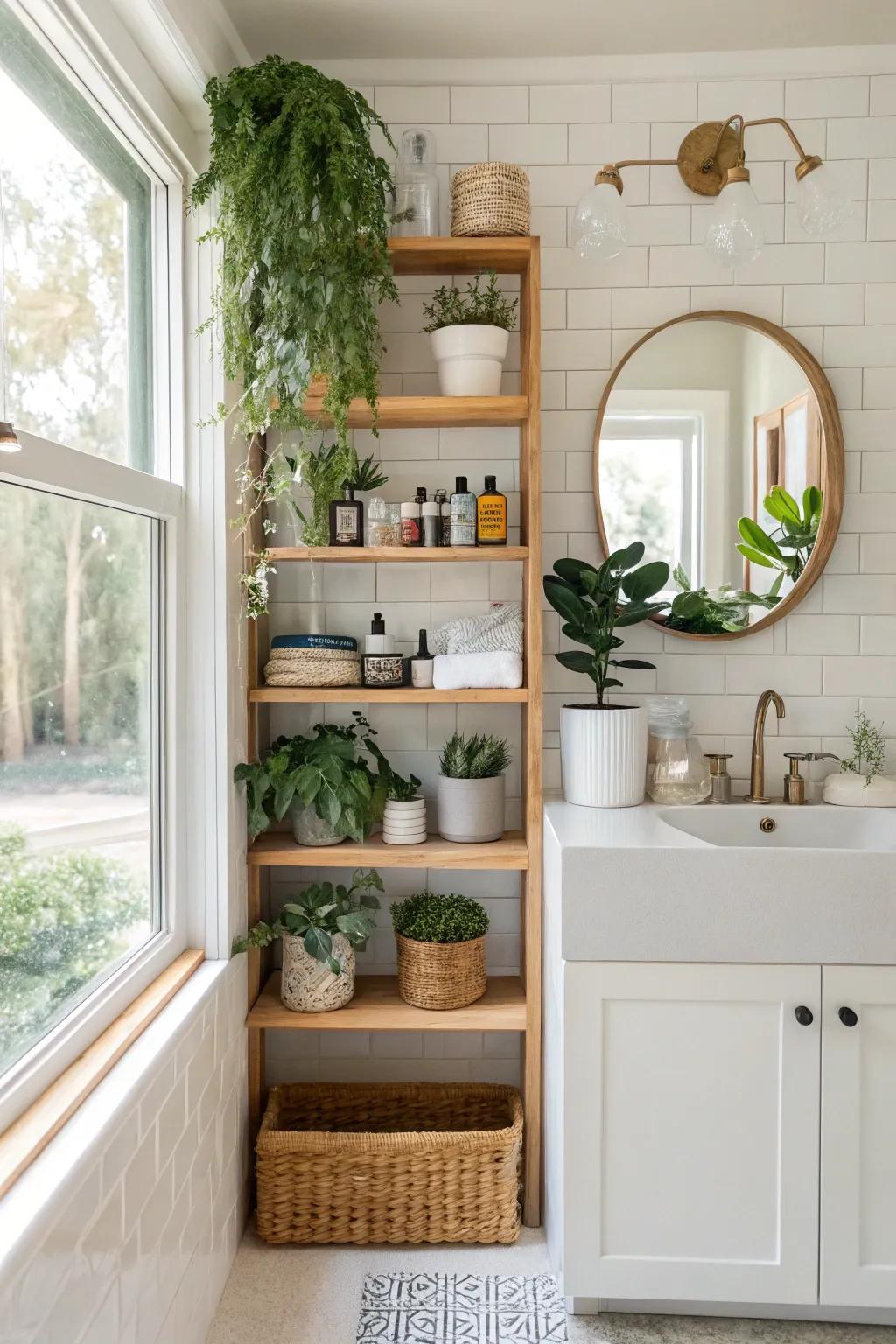 Open shelves offer both functionality and style in a bathroom.