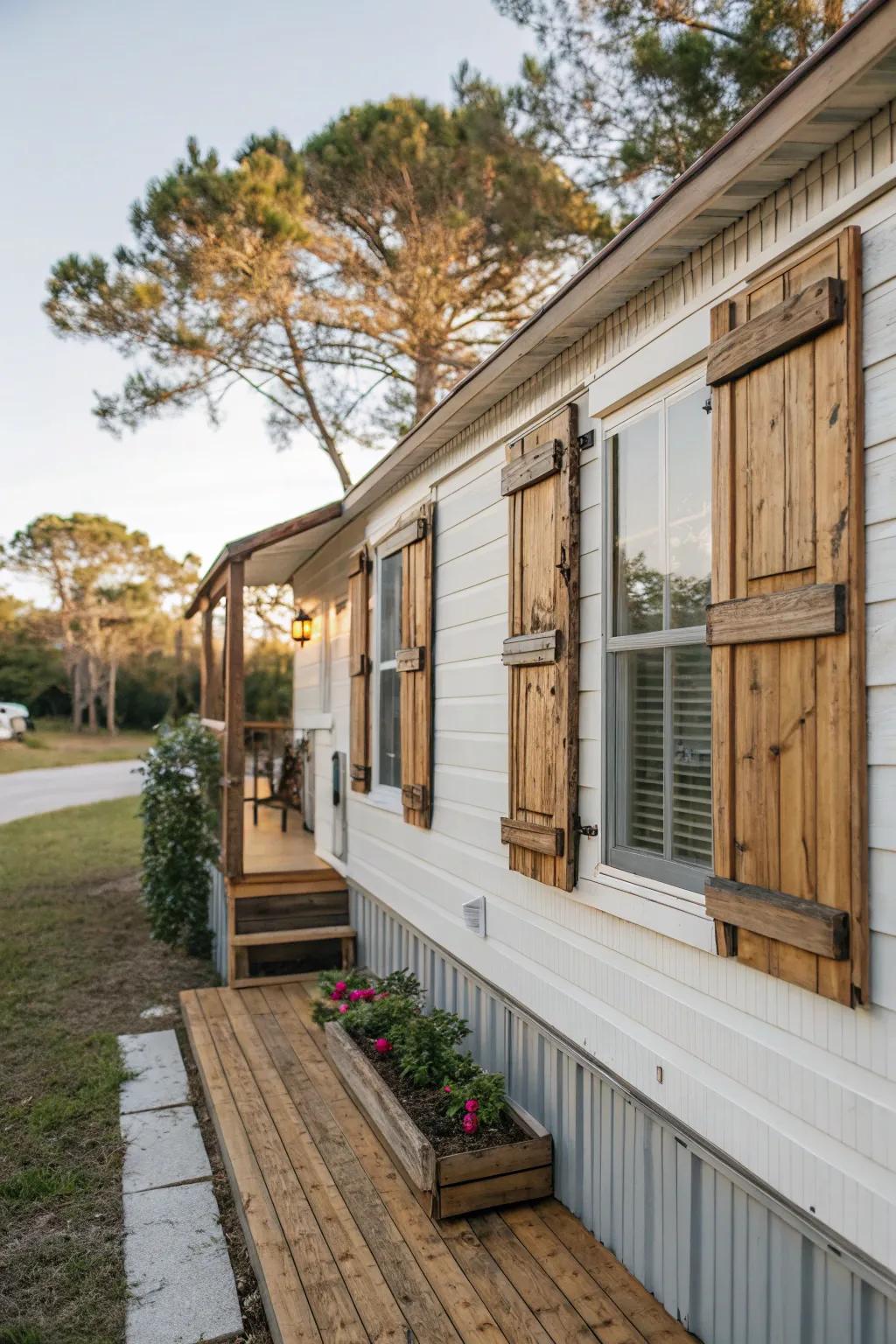 Reclaimed wood shutters adding rustic charm to a mobile home.