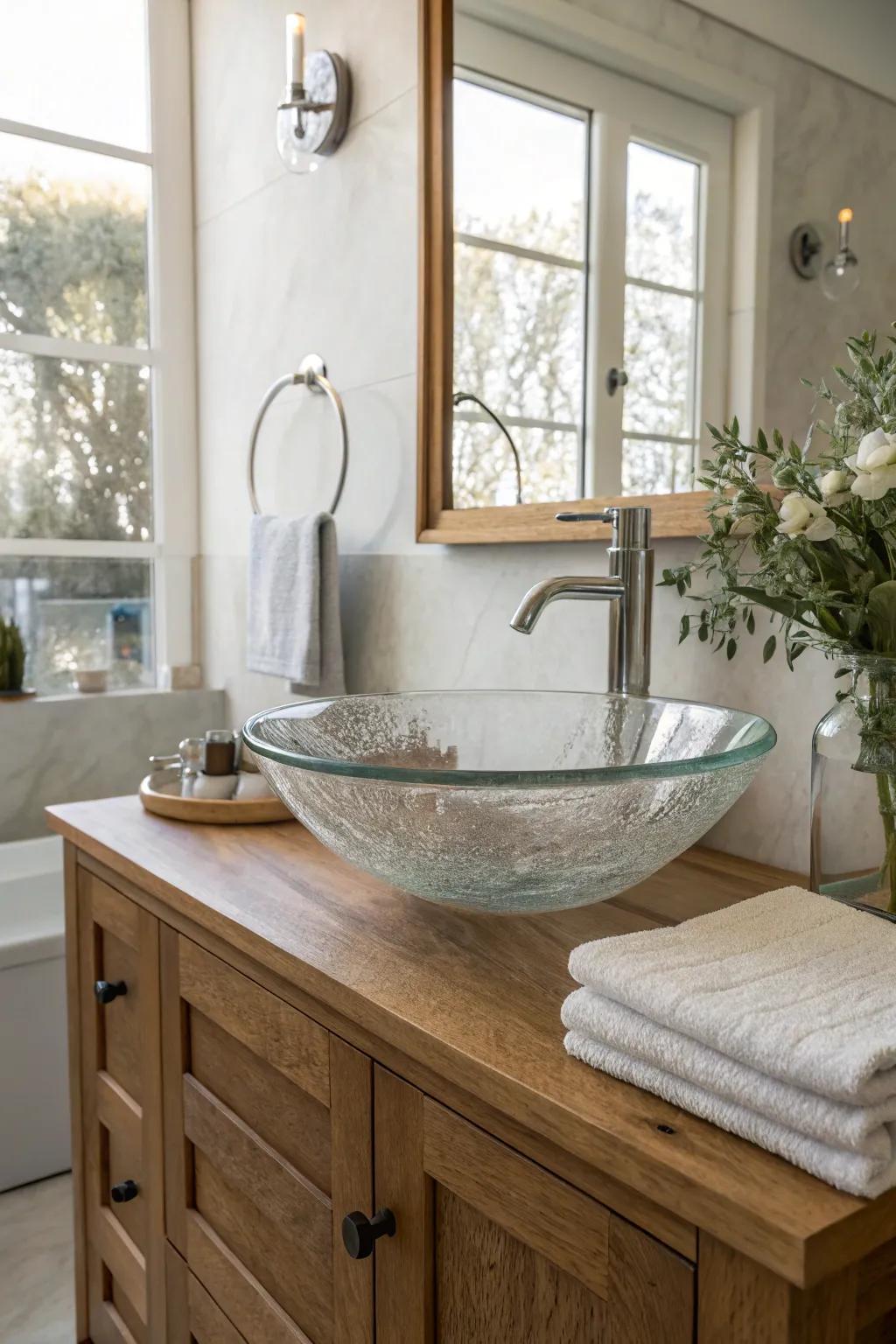 A glass vessel sink adds a touch of elegance to modern bathroom design.