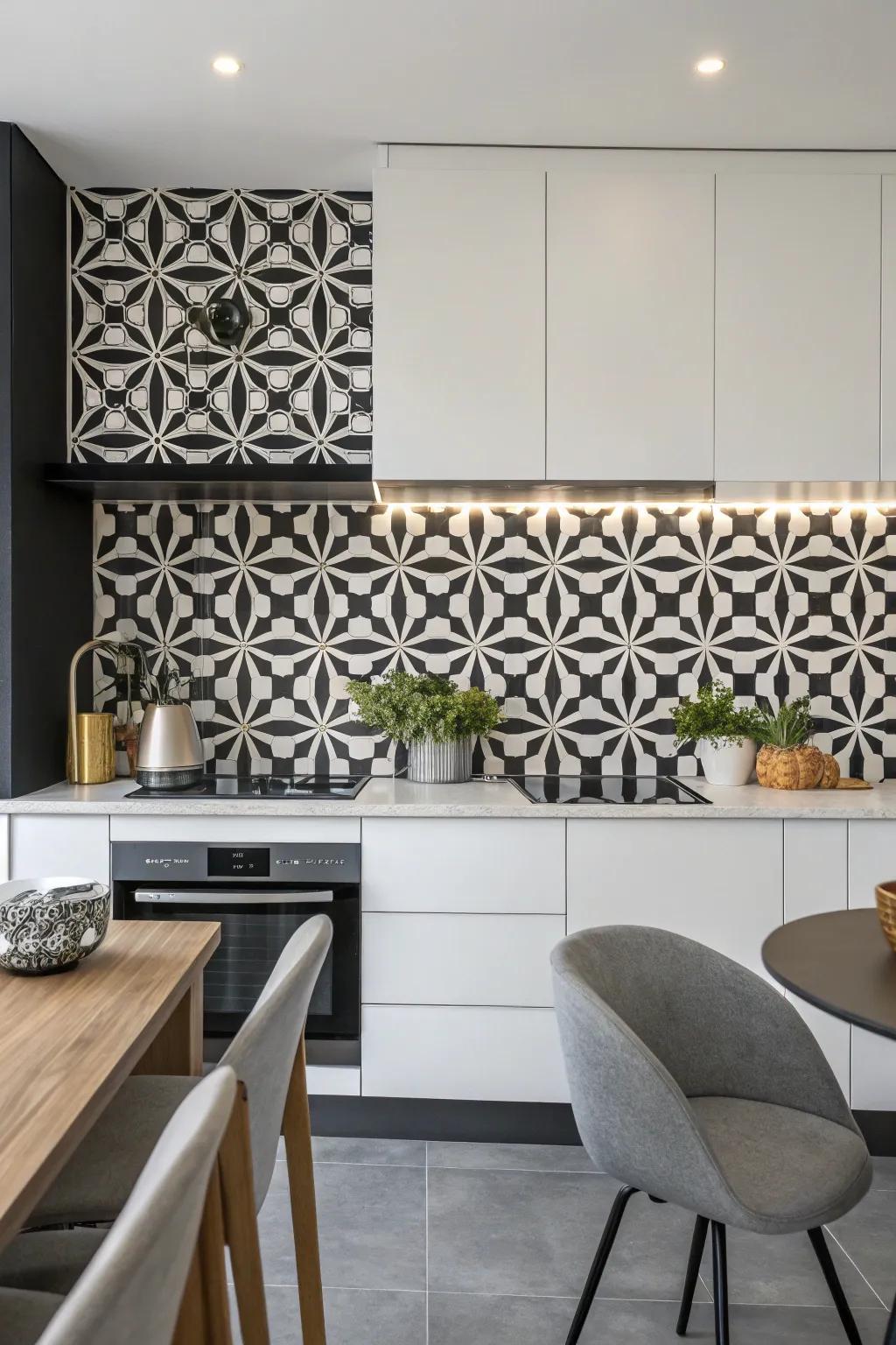 A geometric black and white backsplash adds a modern touch.