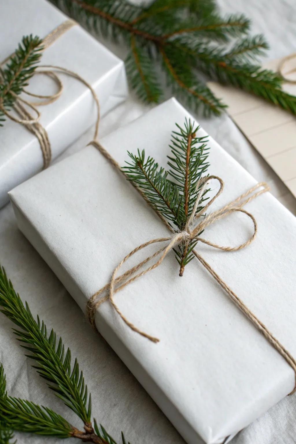 A minimalist Christmas gift wrapped in plain white paper, adorned with twine and greenery.