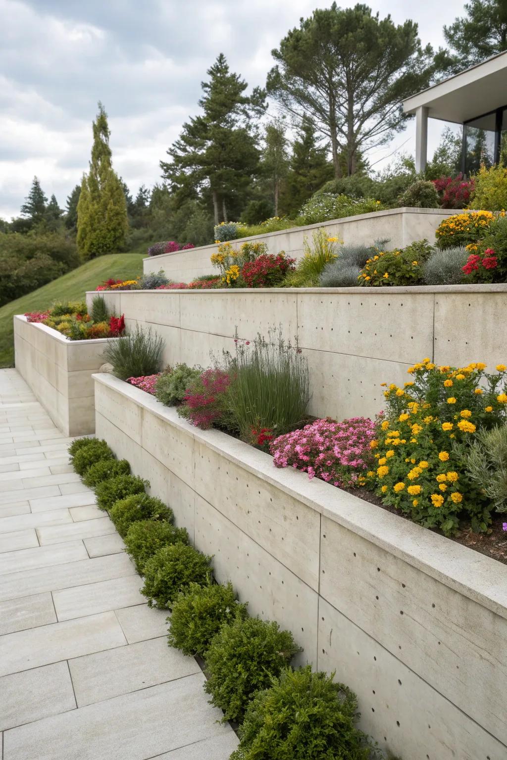 Minimalist concrete wall with clean lines, perfect for a modern garden.