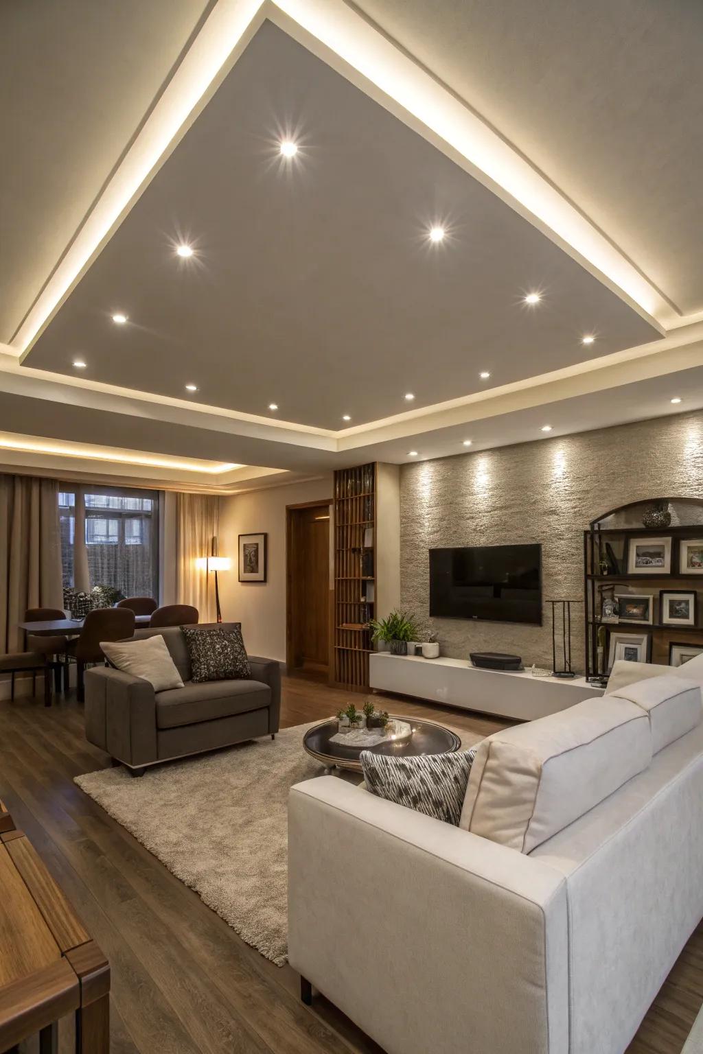 Recessed lighting blends seamlessly into a modern ceiling.