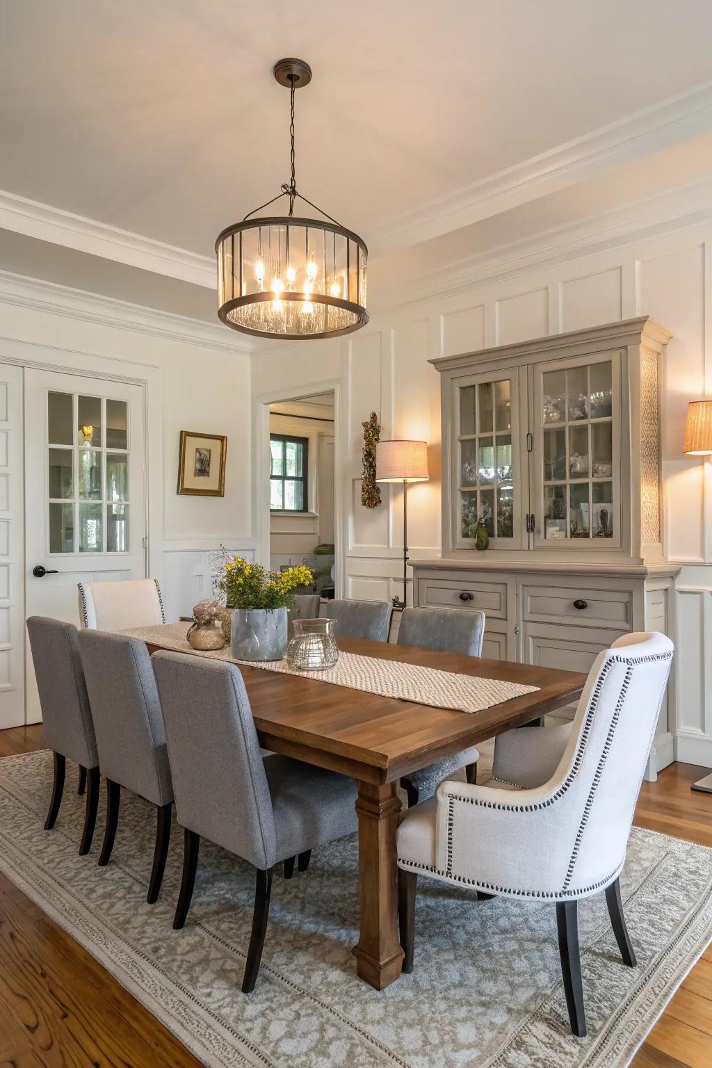 Neutral tones bring calmness and elegance to a modern dining room.