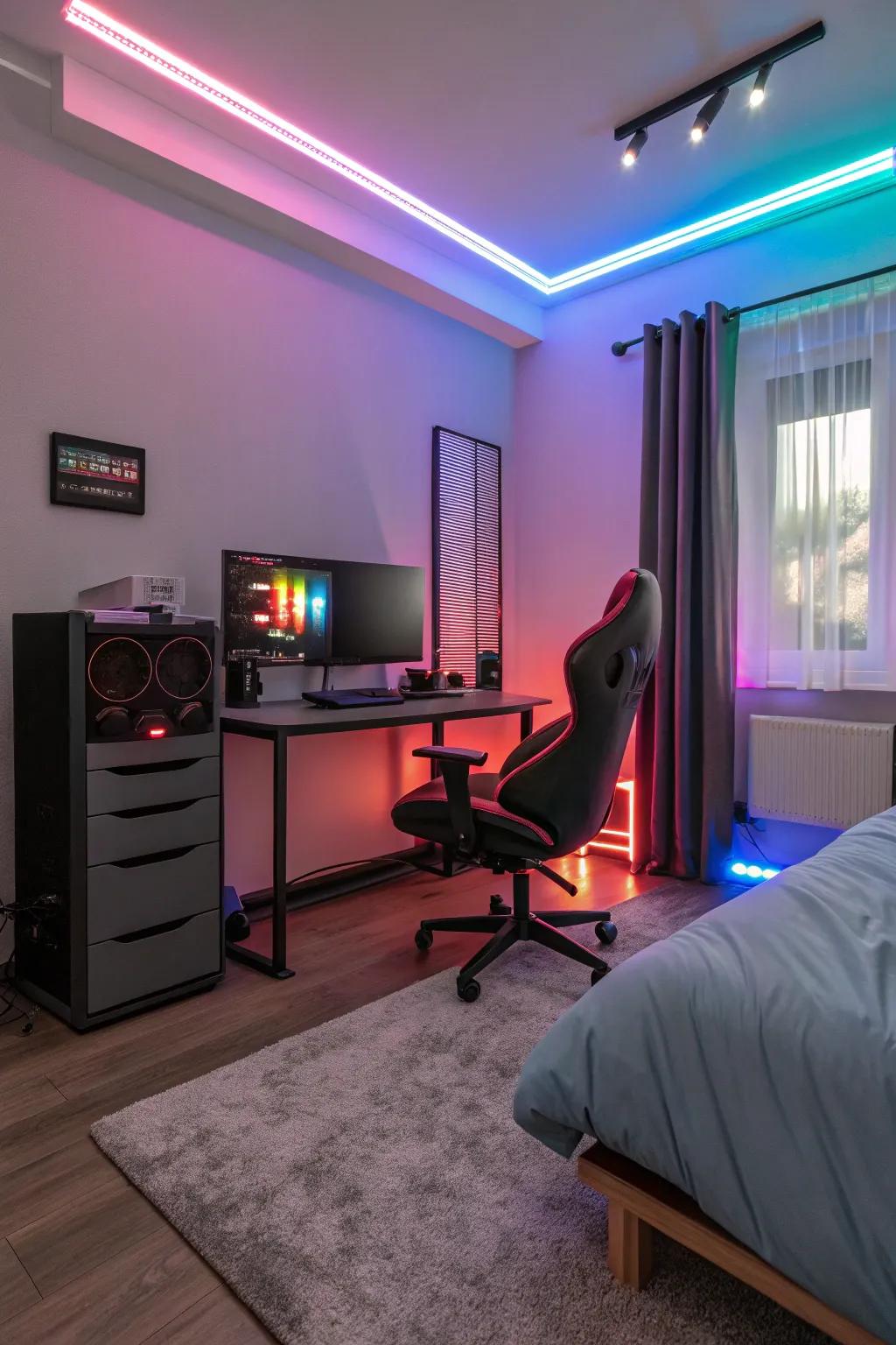 A bedroom illuminated with vibrant LED strip lighting, enhancing the gaming atmosphere.