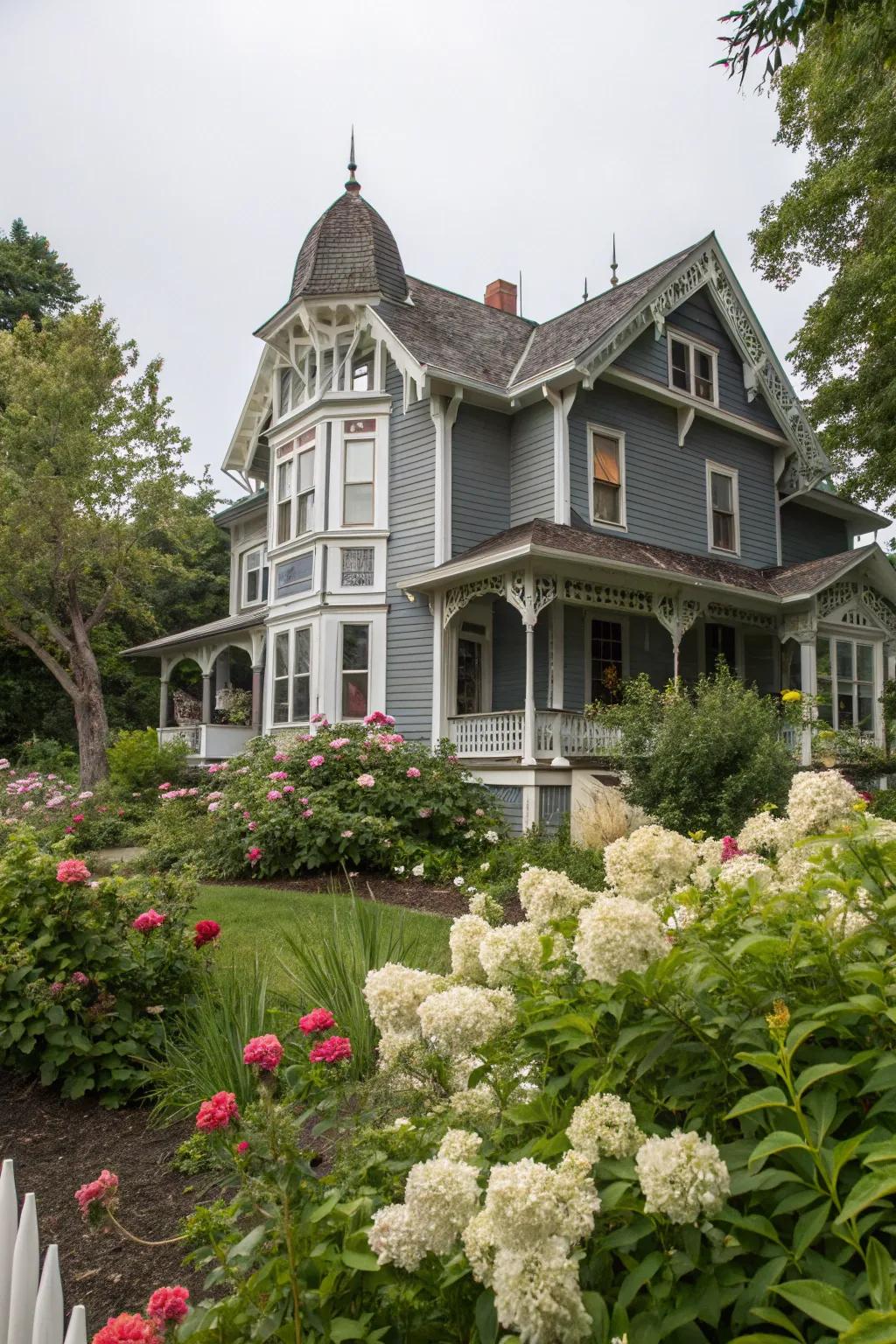 Slate grey and white trim bring classic elegance to this Victorian-style home.