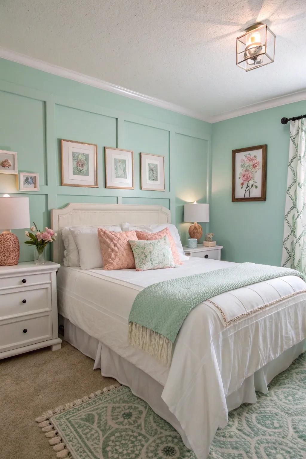 A serene boudoir with gentle springtime green walls and soft-toned highlights.