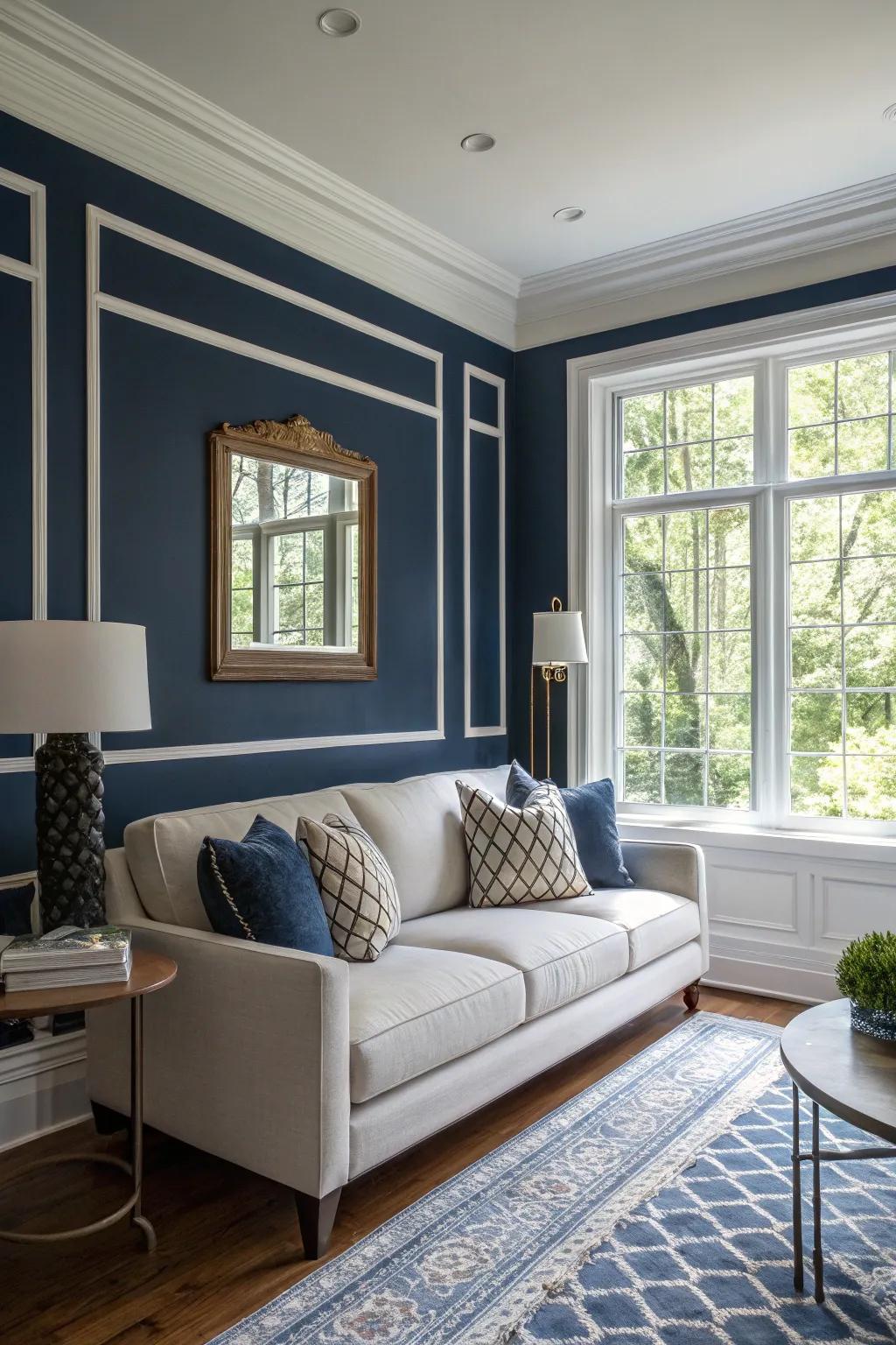 Navy blue walls offer a dramatic yet elegant backdrop.