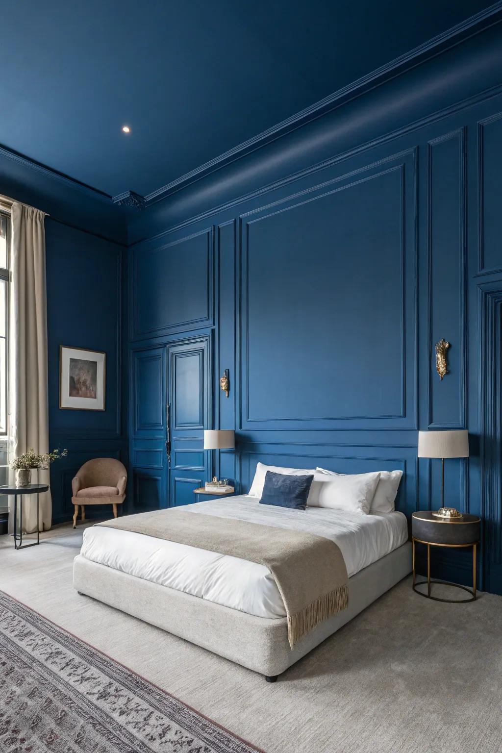 Deep royal blue walls create a striking and elegant backdrop in a modern bedroom.