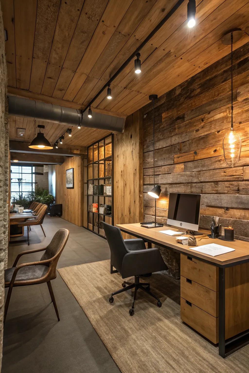 Reclaimed wood walls create a cozy backdrop in a modern rustic office.