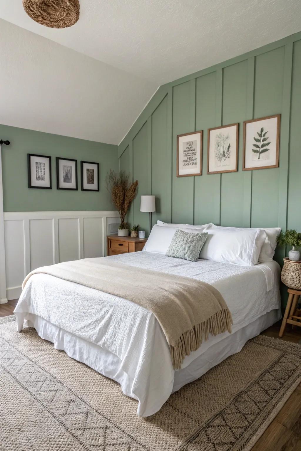 A sage green accent wall sets a tranquil tone in this modern bedroom.