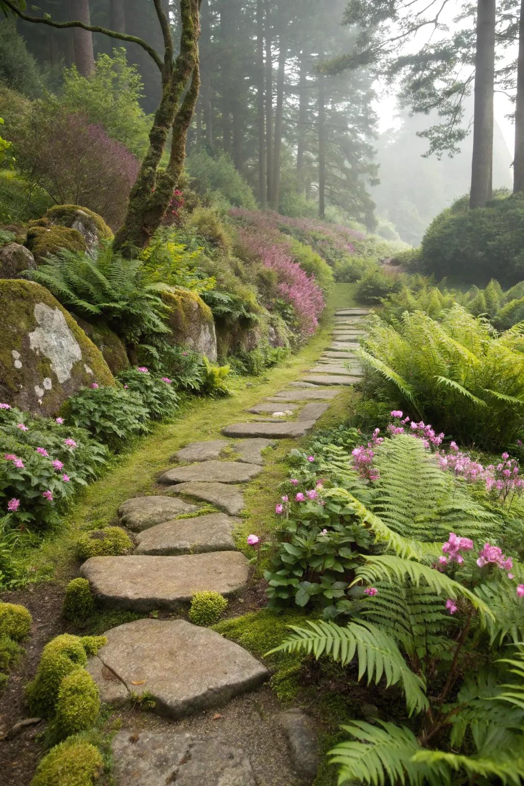 A delightful trail of lichen stones winds its way through a lively garden.
